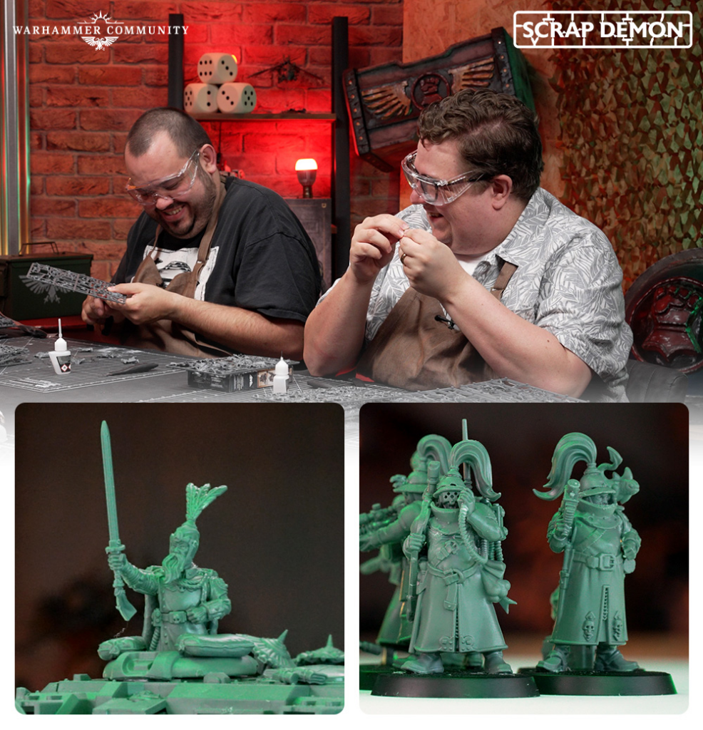 image Frontline Gaming Two men in safety glasses and aprons build Warhammer miniatures at a hobby workshop with a brick wall backdrop