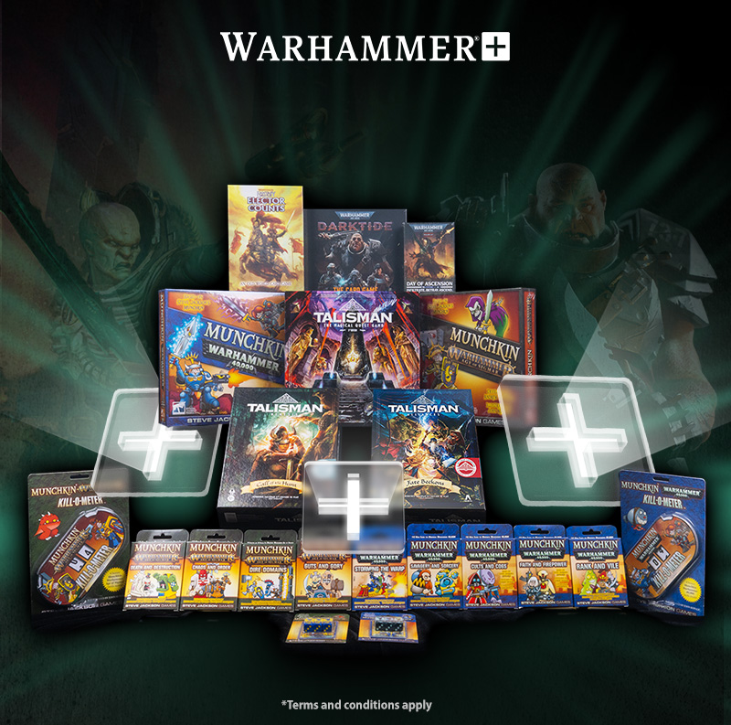 image Frontline Gaming Promotional display of Warhammer board games and boxed sets arranged in a pyramid with glowing plus signs suggesting add ons or upgrades