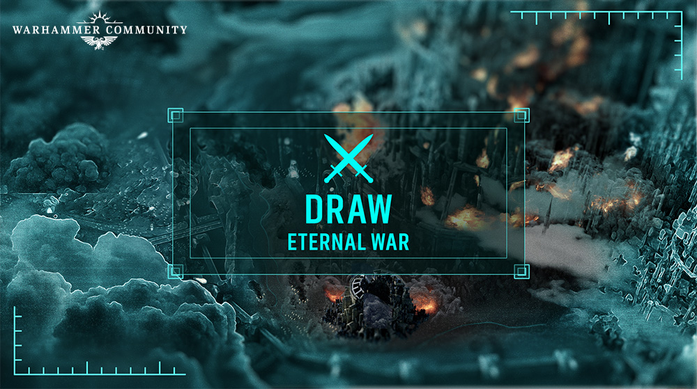 image Frontline Gaming Promotional Warhammer banner for Draw Eternal War with teal cross swords logo over a battlefield scene