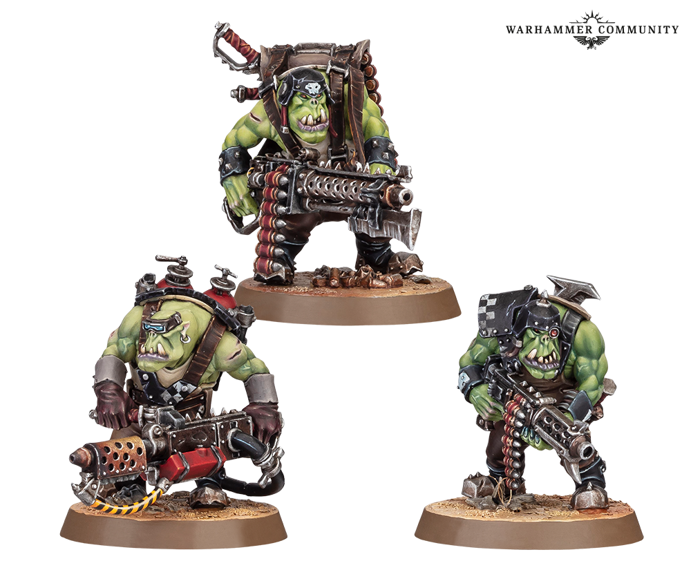 image Frontline Gaming Three green skinned orc miniatures armed with heavy weapons posed on circular bases for tabletop wargaming