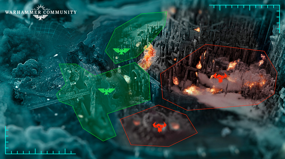image Frontline Gaming War torn city with green and red battle area overlays green zones have eagle emblems red zones show horned skulls amid fires and smoke