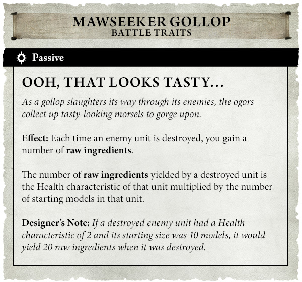 image Frontline Gaming Trait card Ooh That Looks Tasty from Mawseeker Gollopdescribes the Passive effect destroy an enemy to gain raw ingredients includes notes and effect text