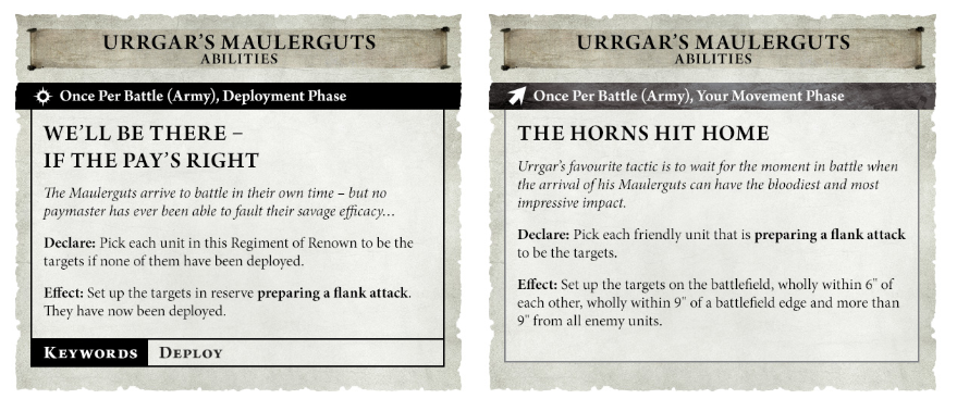 image Frontline Gaming Two weathered game cards titled Urrgars Maulerguts Abilities side by side left card reads WELL BE THERE IF THE PAYS RIGHT with deployment phase bullets right card reads THE HORNS HIT HOME about preparing a flank attack