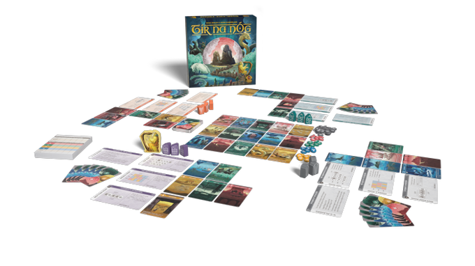 image Frontline Gaming Isometric view of a Tir na nog board game setup with colorful tiles cards tokens dice and rulebooks arranged on a black background