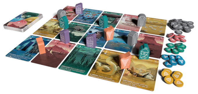 image Frontline Gaming Isometric board game setup with colorful terrain tiles orange and gray player pieces and circular resource tokens on a black background