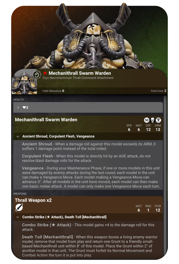 image Frontline Gaming Mechanithrall Swarm Warden unit card with stats abilities and description in a Warhammer style game UI
