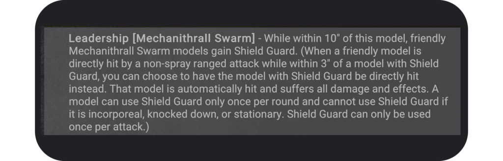 image Frontline Gaming Gray UI panel with in game text about Leadership Mechanithrall Swarm and Shield Guard rules