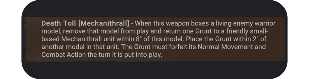image Frontline Gaming Brown banner style image containing game rule text about Death Toll Mechanithrall explaining how to remove and reposition a Grunt during play