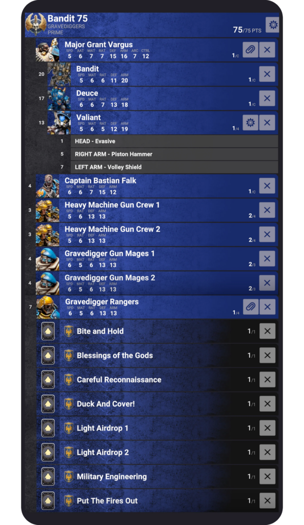 image Frontline Gaming Roster screen blue UI panels list units with portraits and stat bars plus action buttons on each row eg X gear