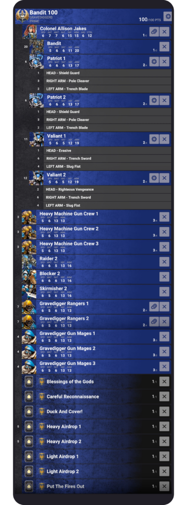 image Frontline Gaming Party roster screen listing equipped units with stats and gear options in a blue themed interface