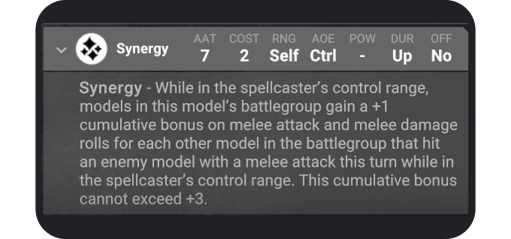 image Frontline Gaming Synergy ability note within the spellcasters control range models gain +1 melee attack and damage for each other model that hit this turn up to +3