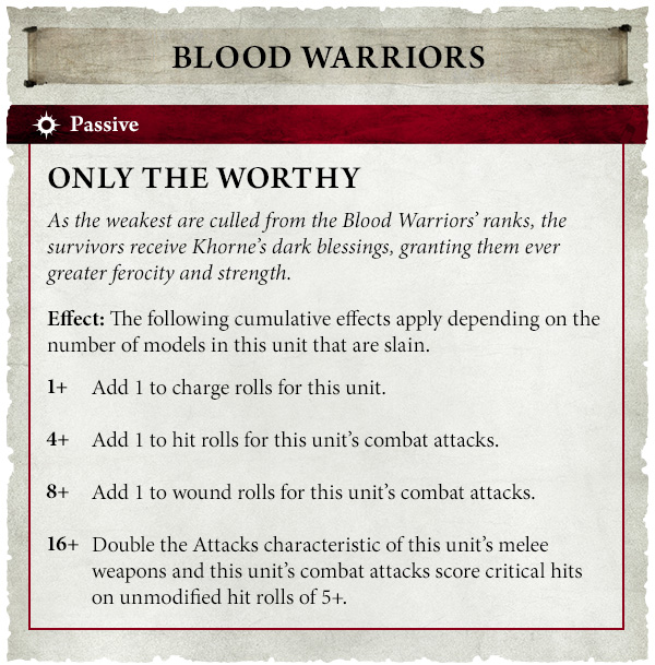 image Frontline Gaming Parchement-style card titled 'BLOOD WARRIORS' shows the passive ability 'ONLY THE WORTHY' with flavor text about survivors receiving Khorne's blessings and four numbered effects (1+, 4+, 8+, 16+) detailing rolls for attacks and wounds.