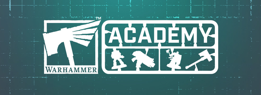 image Frontline Gaming Warhammer Academy logo white hammer icon and four battle figure silhouettes inside a rounded rectangle on a teal grunge background