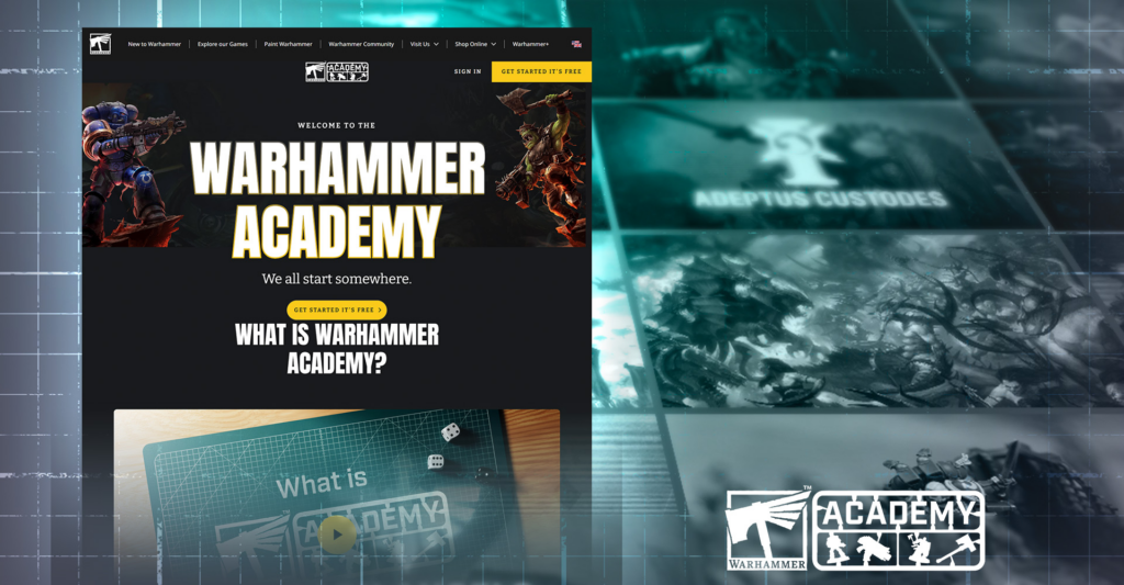image Frontline Gaming Hero section of the Warhammer Academy homepage with a bold WARHAMMER ACADEMY title dark background and navigation bar above