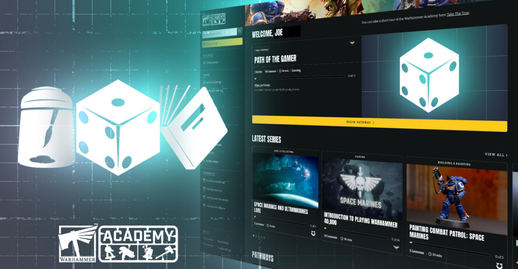 image Frontline Gaming Promotional hero for Warhammer Academy featuring teal gradient background oversized white dice icons and a computer style course dashboard mockup on the right