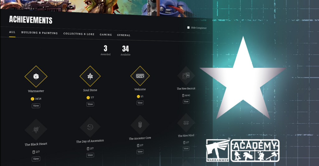 image Frontline Gaming Dark achievements page with diamond icons labeled Warmaster Soul Stone Welcome and The New Recruit large white star on teal gradient to the right