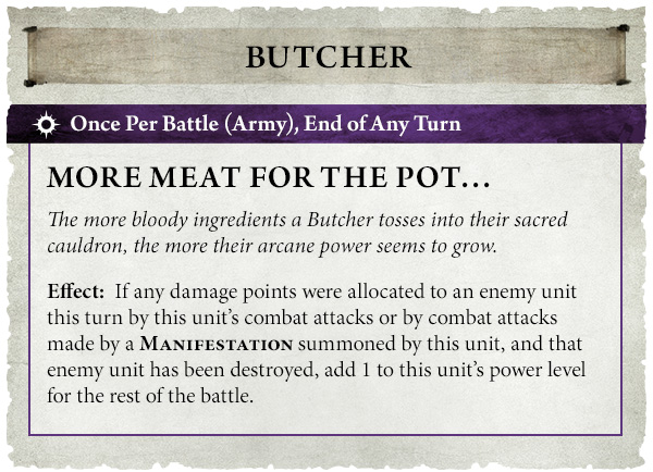 image Frontline Gaming Game card titled BUTCHER with a purple banner Once Per Battle Army End of Any Turn heading MORE MEAT FOR THE POT and an Effect section describing power growth when enemy damage is allocated and Manifestation is summoned