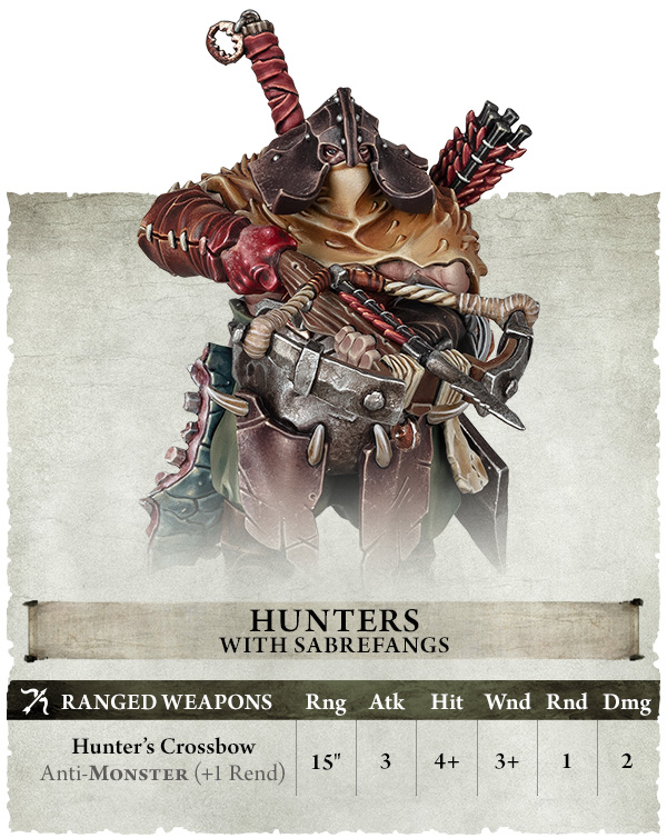 image Frontline Gaming Fantasy hunter in heavy armor wielding a crossbow on a parchment card titled Hunters with Sabrefangs with ranged weapon stats at the bottom
