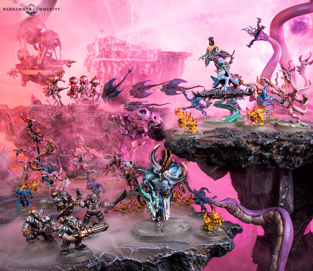 image Frontline Gaming Warhammer diorama: armored figures battle alien monsters on rocky ledges with a pink haze and a Warhammer Community logo in the corner.