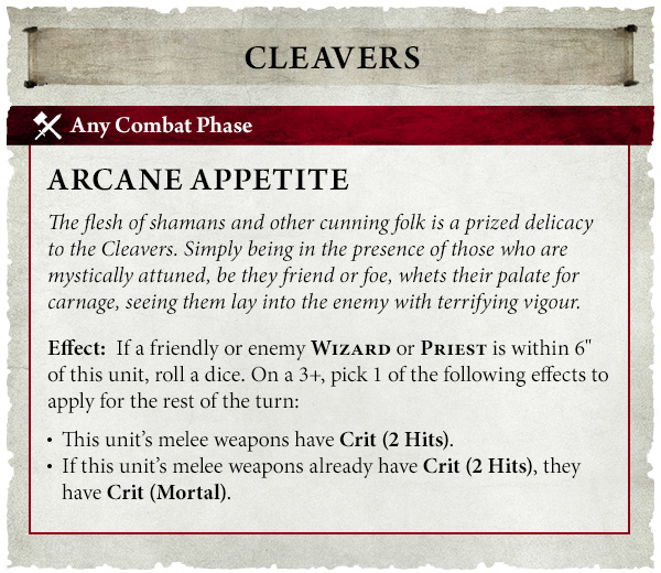 image Frontline Gaming Card from Cleavers game Arcane Appetite Any Combat Phase A parchment style card with red border flavor text about shaman and foes and an Effect If a Wizard or Priest is within 6 roll a die on 3+ pick one melee weapons gain Crit 2 Hits if already Crit 2 Hits gain Crit Mortal
