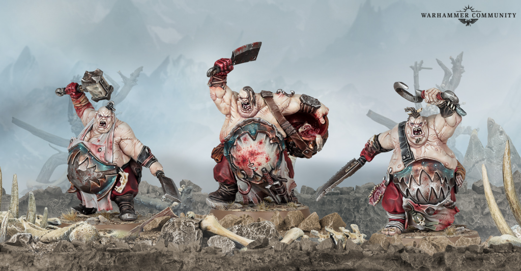 image Frontline Gaming Three orc warriors clash on a jagged rocky battlefield axes and a shield raised in battle with bloodstains on their armor