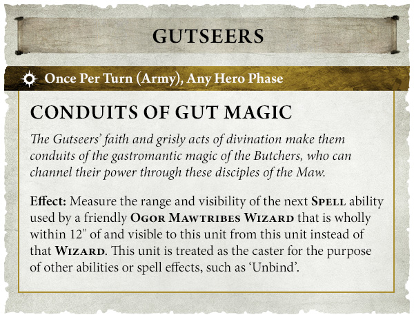 image Frontline Gaming Game card titled Conduits of Gut Magic for Gutseers One per Turn Army any Hero Phase Grants control over the next spell by a friendly Ogor Mawtribes Wizard within 12 inches that is visible to this unit and treats this unit as the spells caster for other effects eg Unbind