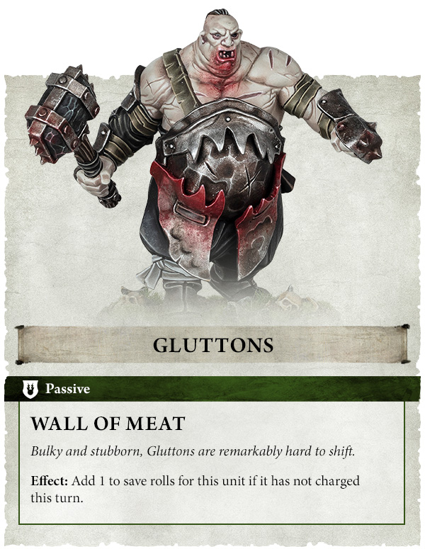 image Frontline Gaming Card for Gluttons Wall of Meat a hulking armored brute with a spiked mace Passive ability add 1 to save rolls if it has not charged this turn