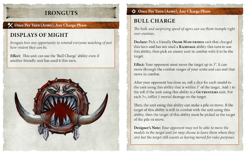 image Frontline Gaming Spread of two unit cards left card titled IRONGUTS with Displays of Might text and a menacing horned maw illustration right card detailing BULL CHARGE rules including declare effect and designers note