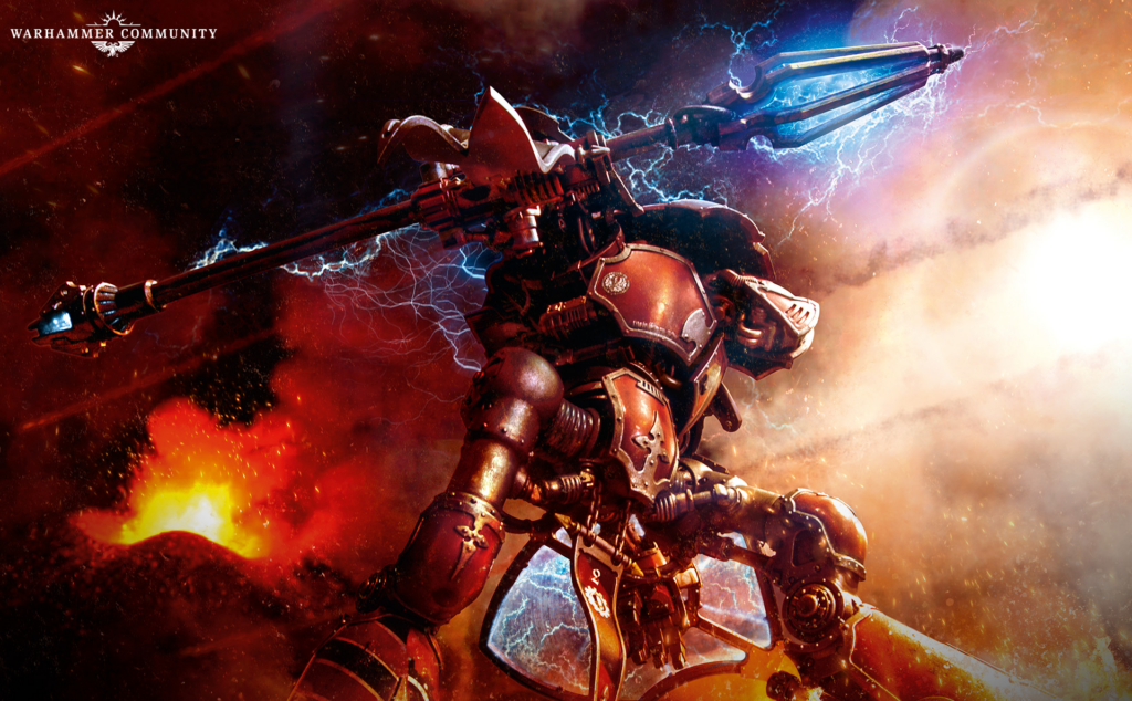 image Frontline Gaming Warhammer style armored warrior in red power armor wielding a large weapon amid fire and lightning Warhammer Community banner visible in the corner