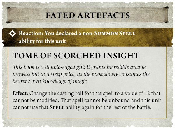 image Frontline Gaming Fated Artefacts card: Tome of Scorched Insight, showing a Reaction note and an Effect that raises the casting roll to 12 and prevents reusing that spell.
