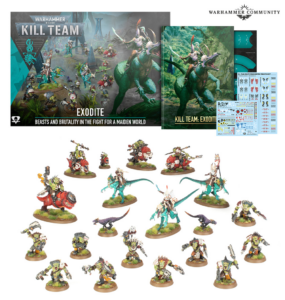 Warhammer Kill Team Exodite starter set with box art rulebook decals and a dozen painted miniatures on a white background