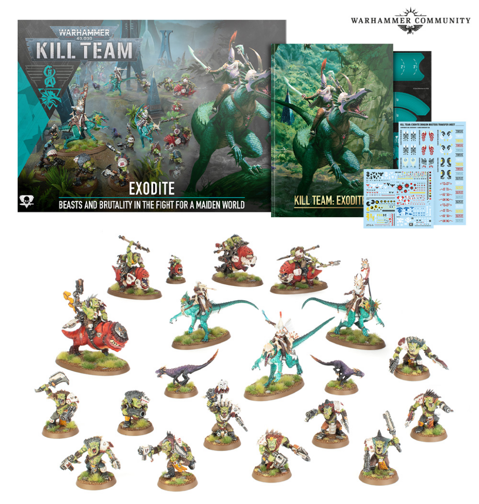 image Frontline Gaming Warhammer Kill Team Exodite starter set with box art rulebook decals and a dozen painted miniatures on a white background