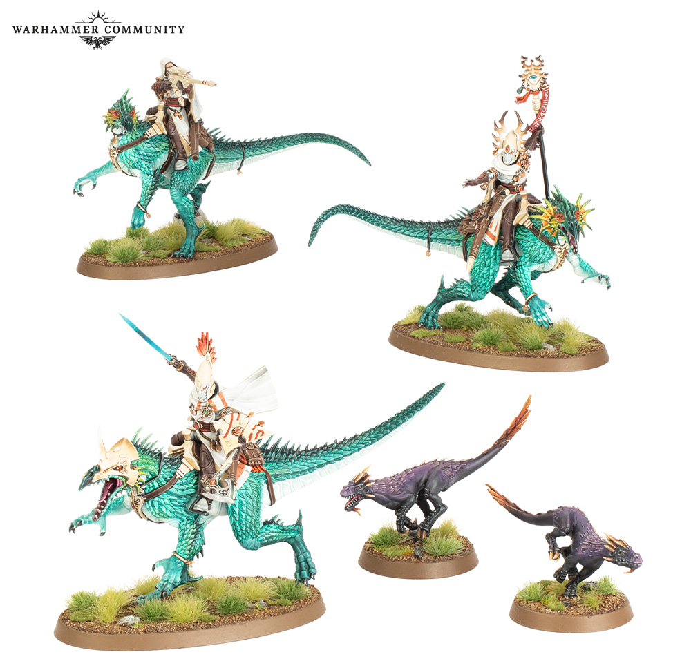 image Frontline Gaming Set of teal dragon miniatures with riders on grassy bases includes four dragon riders and two small purple dragonlings