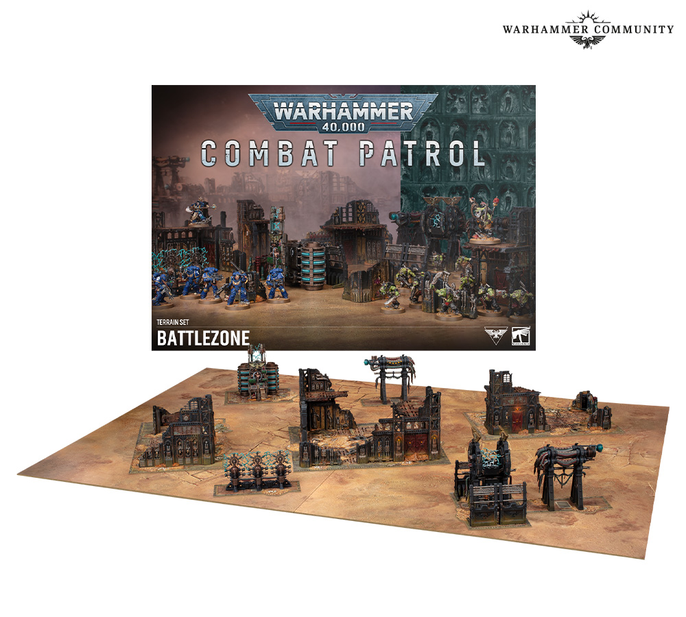 image Frontline Gaming Boxed Warhammer 40000 Combat Patrol Battlezone terrain set with modular ruined buildings arranged on a gaming table background shows the product box