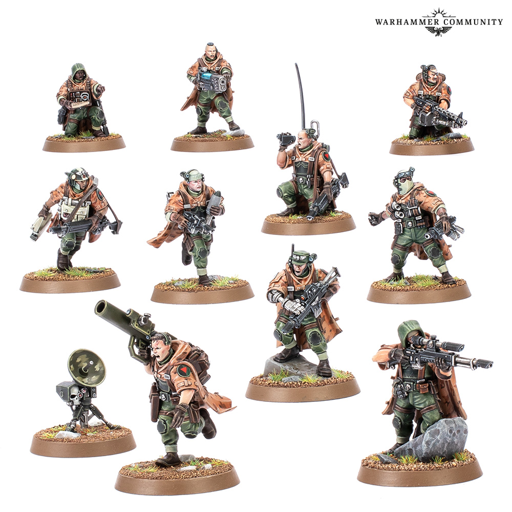 image Frontline Gaming Set of twelve painted sci fi miniature soldiers in brown cloaks and green gear with rifles and equipment each on a round base