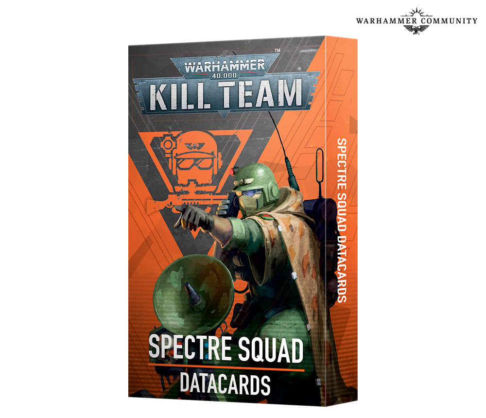image Frontline Gaming Boxed Warhammer 40000 Kill Team Spectre Squad Datacards with an orange and gray design showing a green armored soldier wielding a shield