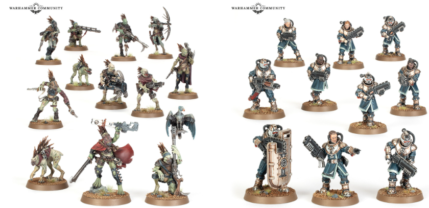 image Frontline Gaming Two groups of Warhammer miniatures on a white background left cluster with varied orcalien fighters armed with melee and ranged weapons right cluster with blue armored soldiers wielding large guns and equipment