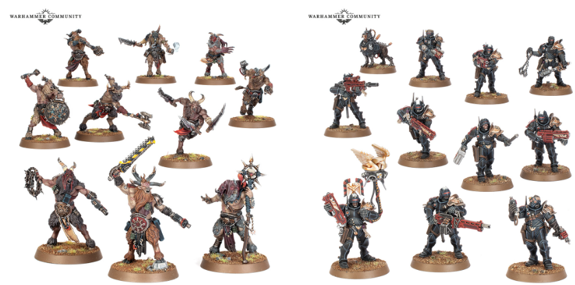 image Frontline Gaming Warhammer Community logo atop two groups of detailed fantasy miniatures arranged in rows for tabletop gaming
