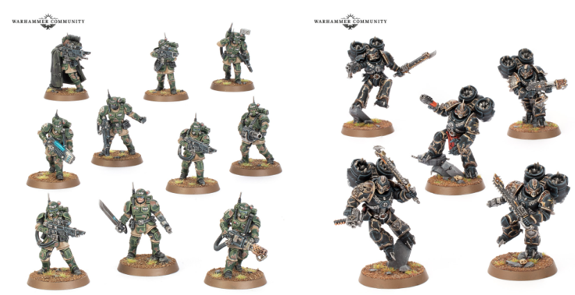 image Frontline Gaming Two clusters of Warhammer 40K Space Marines miniatures on round bases left in green armor with rifles right in dark armor with larger melee and ranged weapons