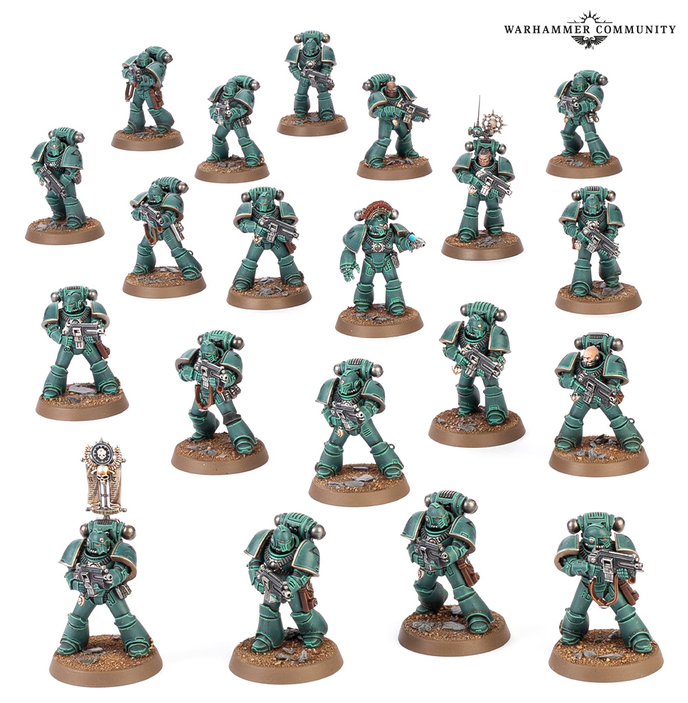image Frontline Gaming Fifteen turquoise green Space Marines miniatures with boltguns on brown bases arranged in a studio group shot against a white background Warhammer Community logo in the top right corner