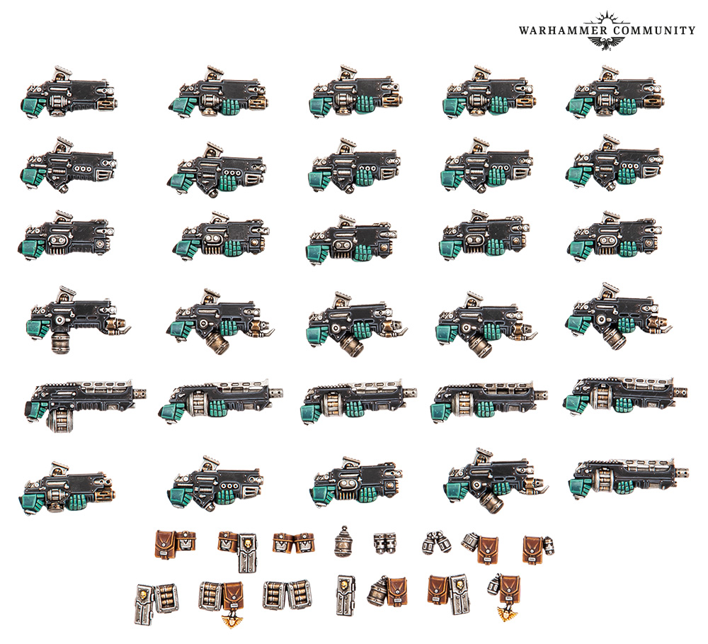 image Frontline Gaming Grid of small black scifi guns with teal grips arranged in rows bottom row shows brown gear pouches Warhammer Community logo top right