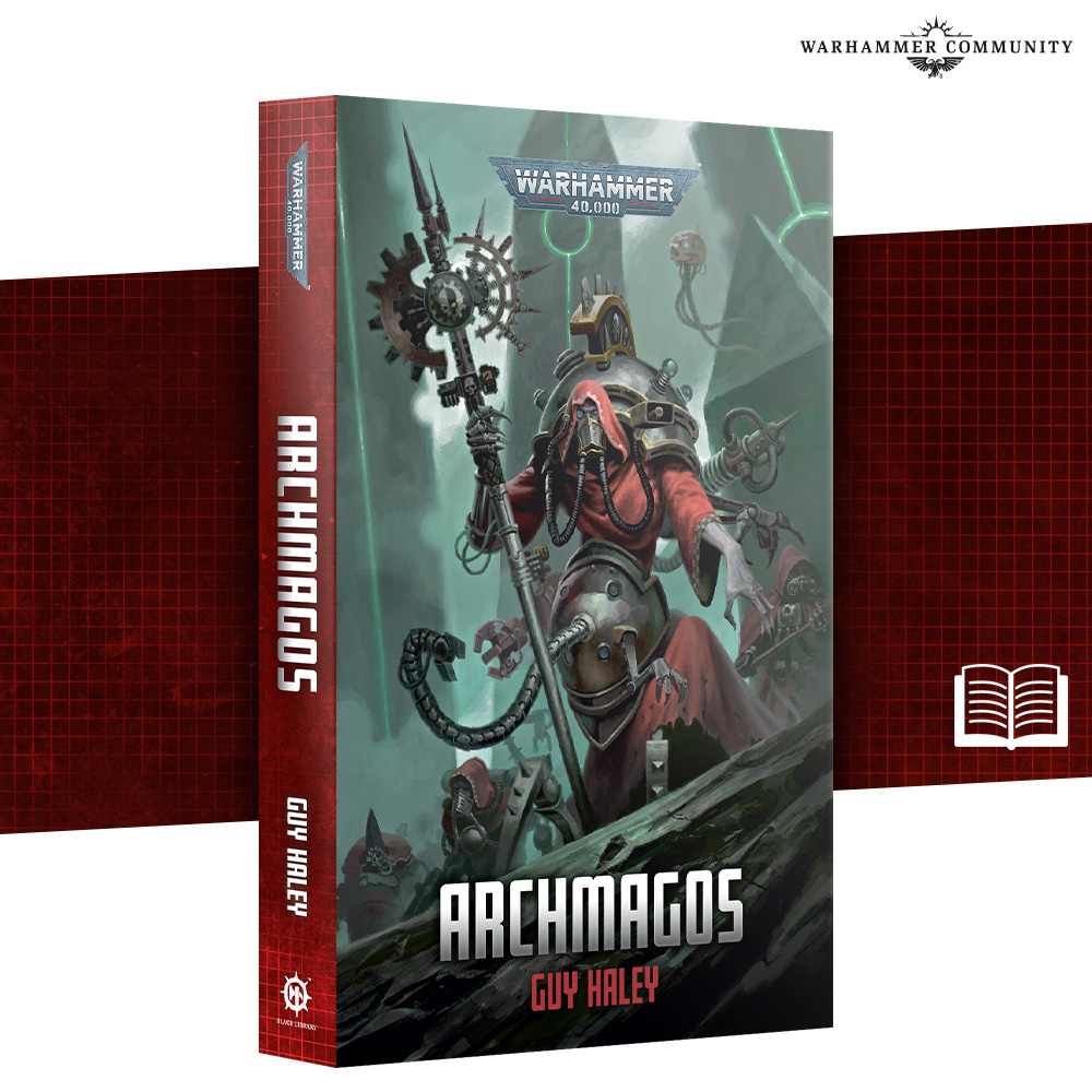 image Frontline Gaming Book cover for Archmagos by Guy Haley Warhammer 40000 showing a red robed armored figure with a staff in a dark futuristic landscape