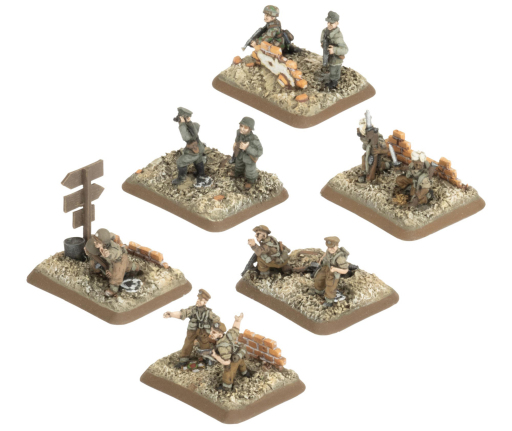 image Frontline Gaming Multiple miniature soldiers in a rubble-filled diorama with brown bases and brick barricades, rifles raised as if in combat