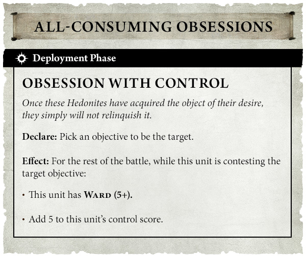 image Frontline Gaming Card titled 'All-Consuming Obsessions' from the Deployment Phase: Obsession with Control. Includes rules: Declare – pick a target; Effect – this unit has Ward (5+), and adds 5 to this unit's control score.