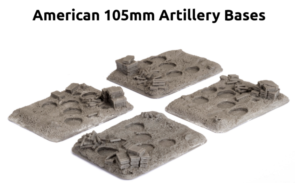 image Frontline Gaming Set of four sandy bases for 105mm American artillery each with cratered surface and small ruined fortifications scattered around