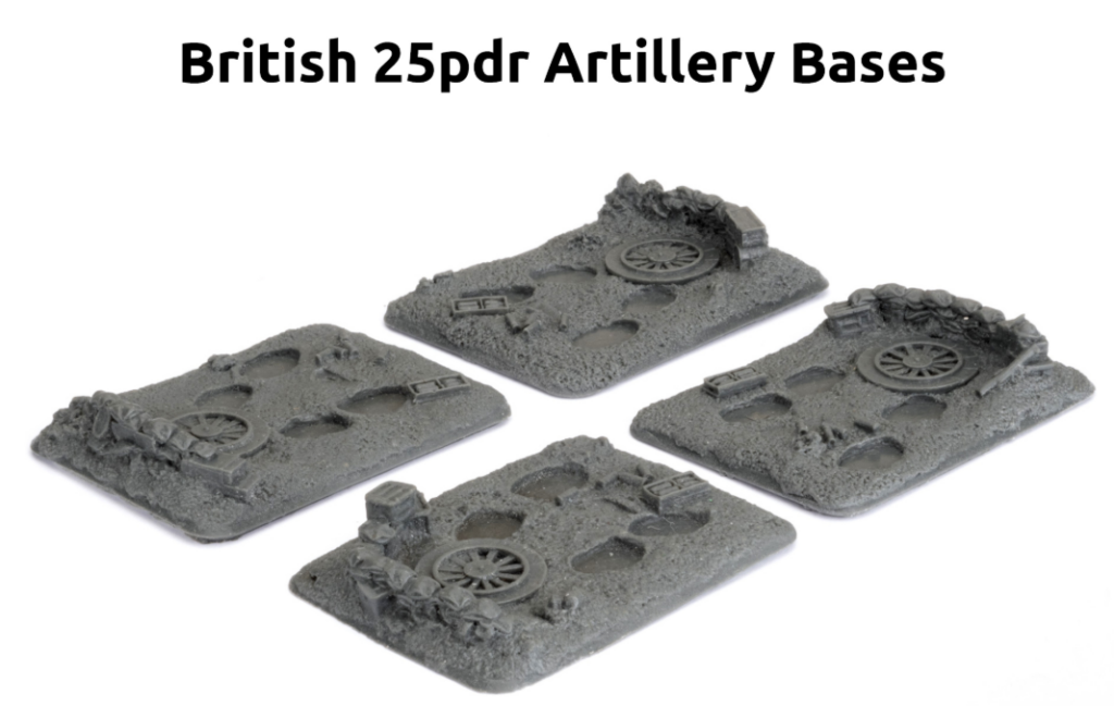 image Frontline Gaming Four gray resin bases for British 25pdr artillery miniatures with rocky crater like terrain and wheel imprints