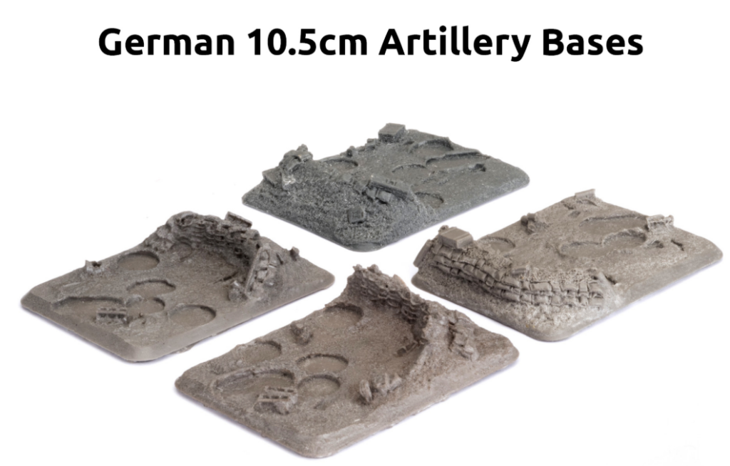 image Frontline Gaming Four rectangular terrain bases for German 105 cm artillery models featuring cratered surfaces and ruined earthworks for miniature gaming