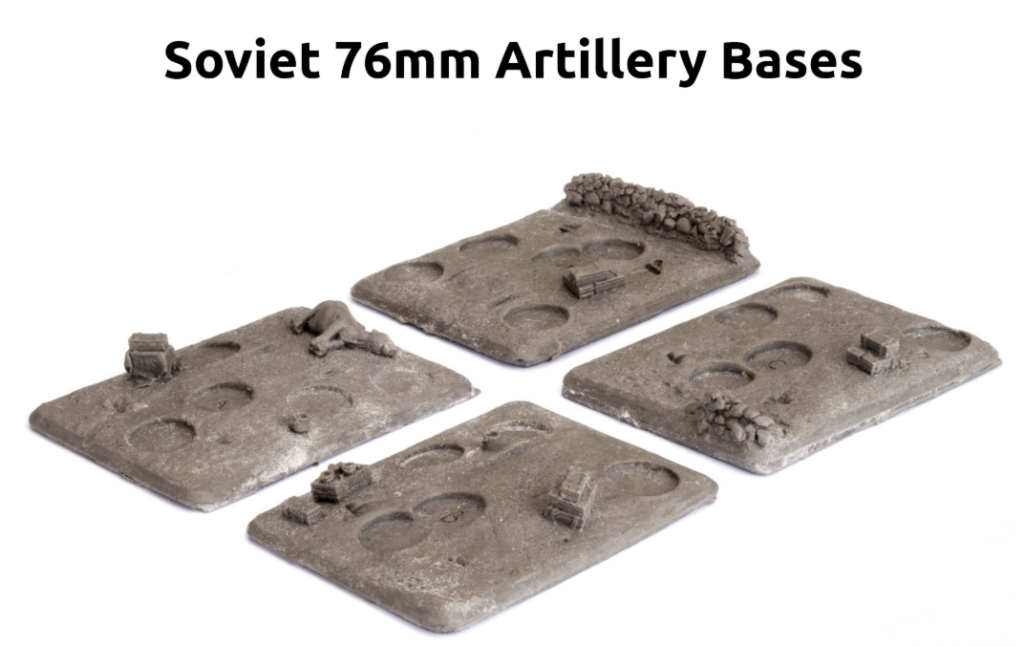 image Frontline Gaming Four rectangular diorama bases for Soviet 76mm artillery each featuring small fortifications and rubble pieces on a white background