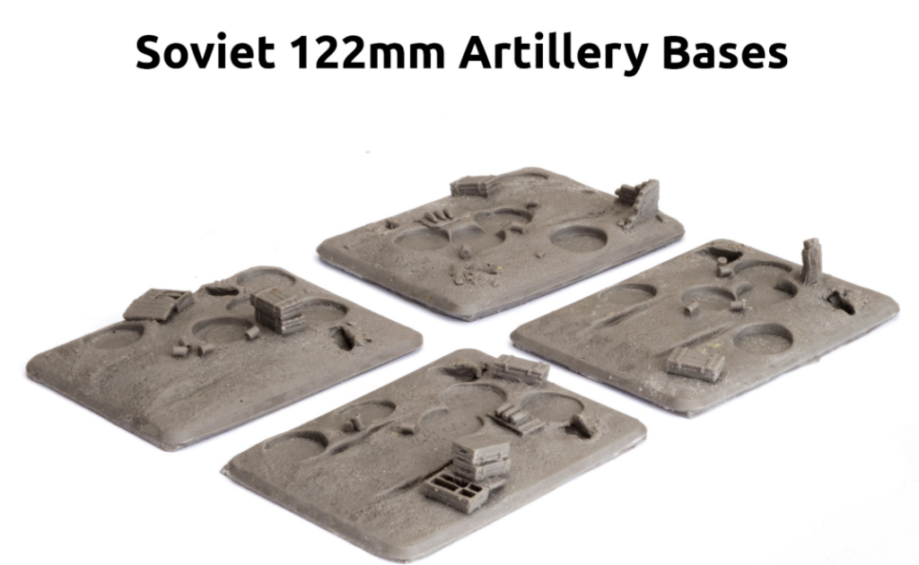 image Frontline Gaming Four rectangular sandy diorama bases with circular depression marks and small raised blocks representing Soviet 122mm artillery positions