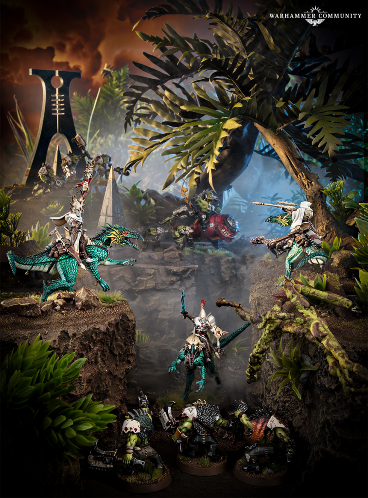 image Frontline Gaming Warhammer miniature battle in a dense jungle ruin with armored riders on reptile mounts clashing with greenskin foes amid mist and rock